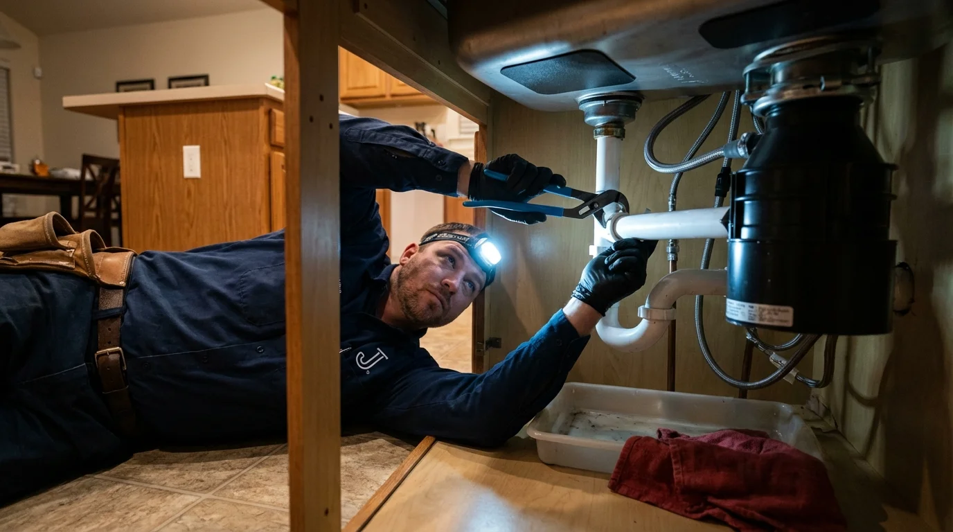 P-trap and supply line connections under a kitchen sink showing a common leak point in Helena, AR